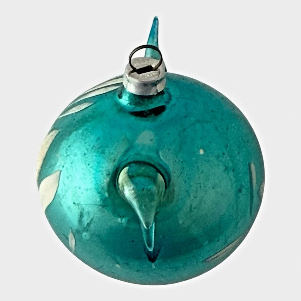 West Germany Teapot Christmas Ornament OS Aqua Blue Good Vintage Glass Floral